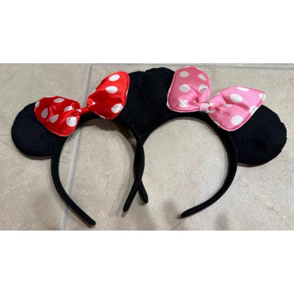 Minnie Mouse Ears Red Pink Polka Dot Bow Girls Headbands Lot of 2 Costume Park
